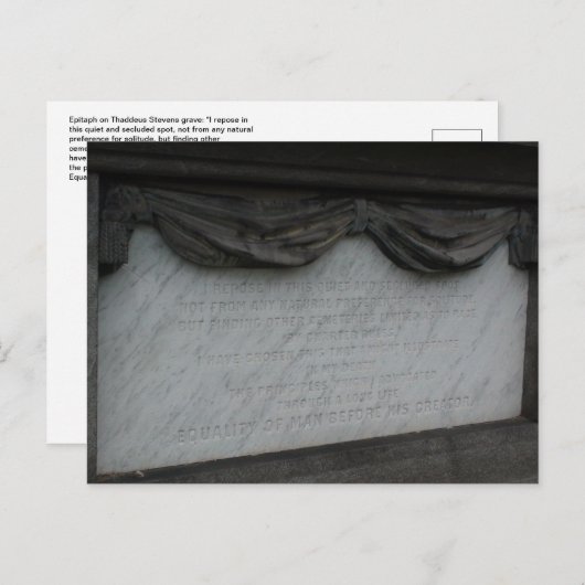 Briefkaart van Thaddeus Stevens grafschrift. (Voorkant / Achterkant)