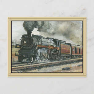 Briefkaart van trein met grens