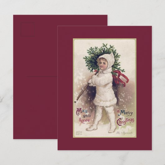 BRIEFKAART : VINTAGE : KLEINE MEISJE + CHRISTMAS T (Voorkant / Achterkant)