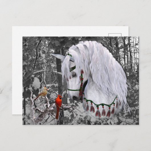 Briefkaart voor kerstpaarden en kardinalen (Voorkant / Achterkant)