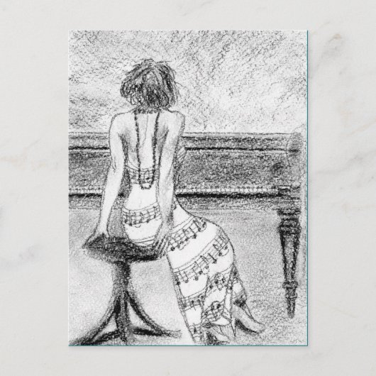 Briefkaart vrouw op een piano (Voorkant)