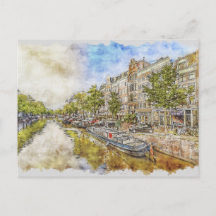 briefkaart waterverf Amsterdam, Nederland