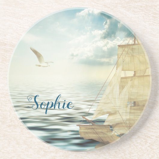 Brigantine Sailboat & Seagulls Zandsteen Onderzetter (Voorkant)