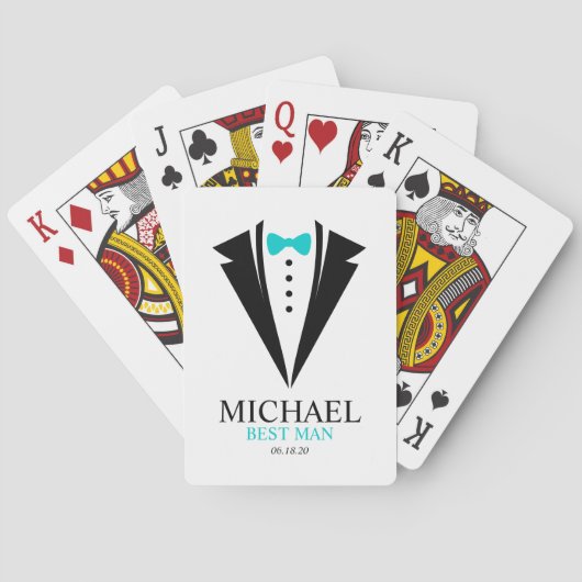 Bright Aqua Bow Stropdas "Best Man" Tuxedo Pokerkaarten (Achterkant)