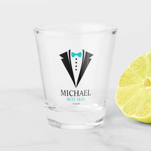 Bright Aqua Bow Stropdas "Best Man" Tuxedo Shot Glas (Voorkant)