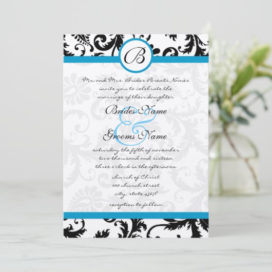 Bright Aqua Damask Faire-part de mariage 5 x 7 (Debout devant)