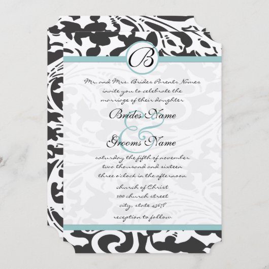 Bright Aqua Damask Leaf Faire-part de mariage (Devant / Derrière)