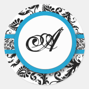 Bright Aqua Damask Monogram Wedding Stickers