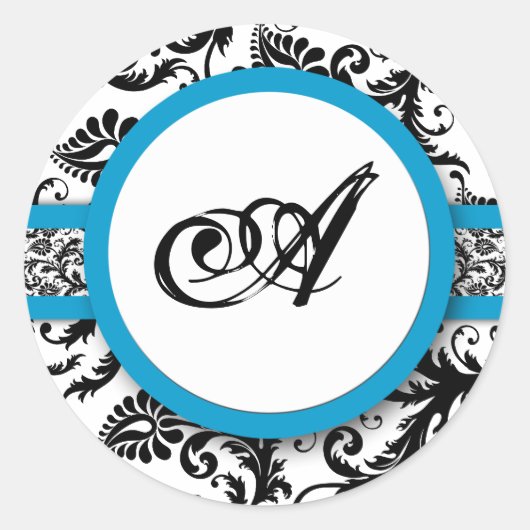 Bright Aqua Damask Monogram Wedding Stickers (Voorkant)