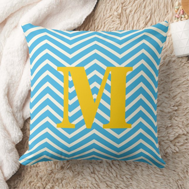 Bright Aqua en Geel Monogram Zig Zag Kussen (Deken)