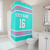 Bright Aqua Hot Pink White Stripes Sports Jersey Douchegordijn (In situ)