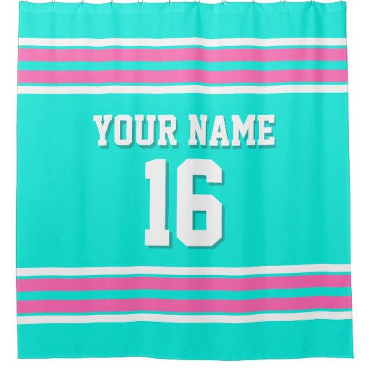 Bright Aqua Hot Pink White Stripes Sports Jersey Douchegordijn (Voorkant)