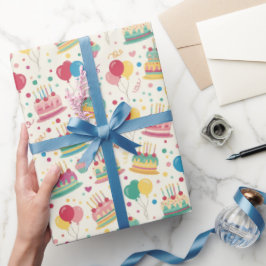Bright Birthday Cakes and Balloons Wrapping Paper Cadeaupapier