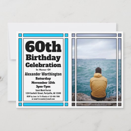 Bright Blue 60e Photo Anniversaire Invitation (Devant)