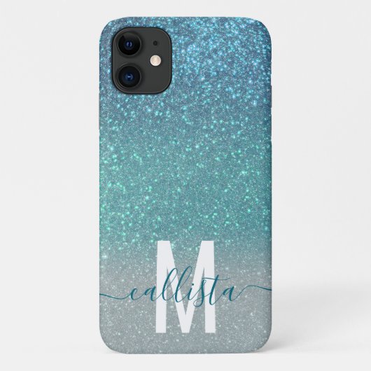 Bright Blue Blauwgroen Glitter Ombre Monogram Case-Mate iPhone Case (Achterkant)
