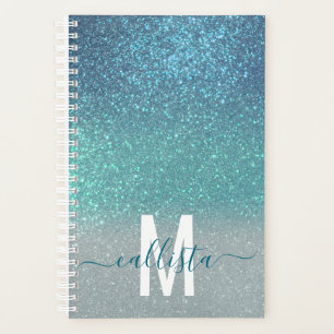 Bright Blue Blauwgroen Glitter Ombre Monogram Planner