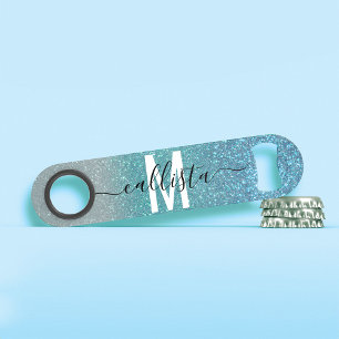 Bright Blue Blauwgroen Glitter Ombre Monogram Speed Flessenopener