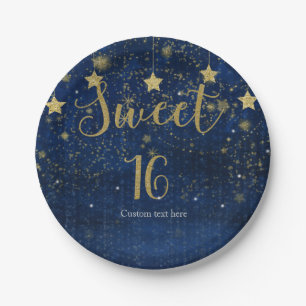 Bright Blue & Gold Starry Sweet 16 Party Papieren Bordje