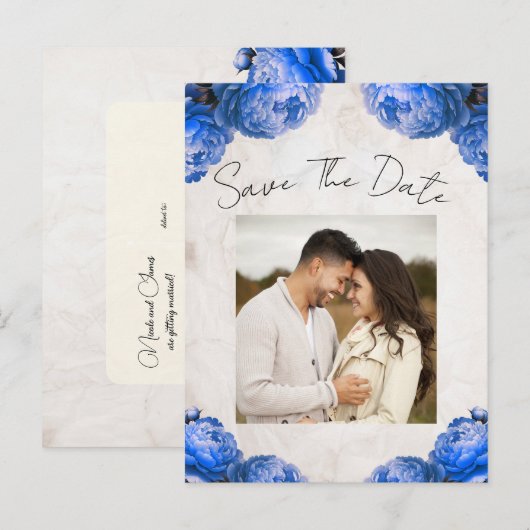 Bright Blue Peony Flowers Save the Date Aankondigingskaart (Voorkant / Achterkant)