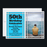 Bright Blue Photo 50th Birthday Party Invitation<br><div class="desc">Envoyez des invitations de fête à vos invités avec cette Bright Blue Photo 50th Birthday Party Invitation. Customisez avec les détails de votre fête et la photo préférée.</div>