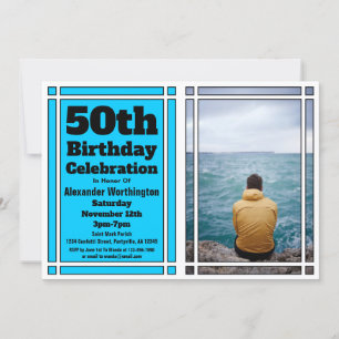 Bright Blue Photo 50th Birthday Party Invitation