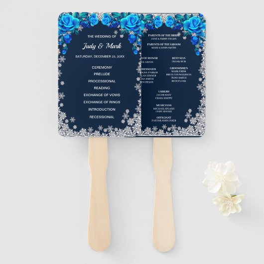 Bright Blue Rozen Snowflake Kerstprogramma Handwaaier (Voorkant en achterkant)