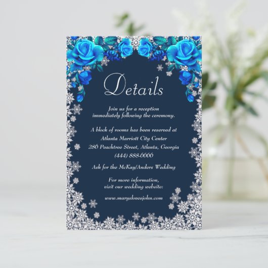 Bright Blue Rozen Snowflake Wedding Details Informatiekaartje (Staand voorkant)