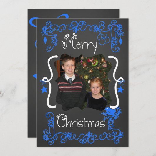 Bright Blue Scrolls Gepersonaliseerd Foto Vakantie Feestdagenkaart (Voorkant / Achterkant)