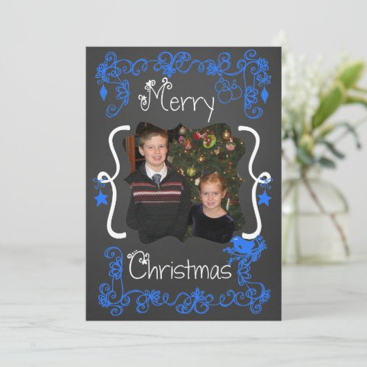 Bright Blue Scrolls Gepersonaliseerd Foto Vakantie Feestdagenkaart (Staand voorkant)