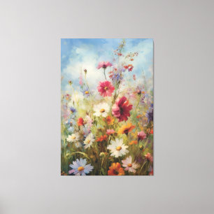 Bright Blue Sky over Wildflower Field olieverfschi Canvas Afdruk