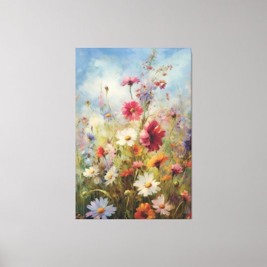 Bright Blue Sky over Wildflower Field olieverfschi Canvas Afdruk (Voorkant)