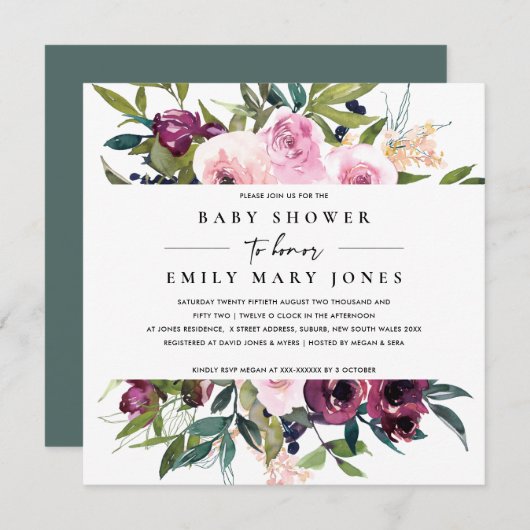 BRIGHT BLUSH BURGUNDY FLORAL BUNCH BABY SHOWER KAART (Voorkant / Achterkant)