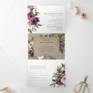 BRIGHT BLUSH BURGUNDY KRAFT FLORAL BUNCH WEDING DRIELUIK UITNODIGING