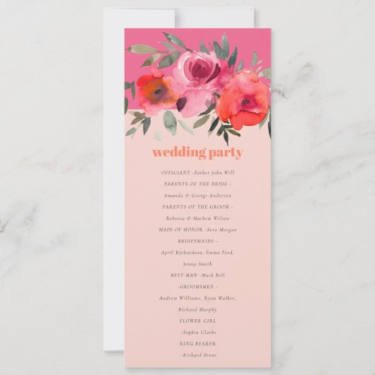 Bright Boho Hot rose Floral Programme de mariage (Dos)