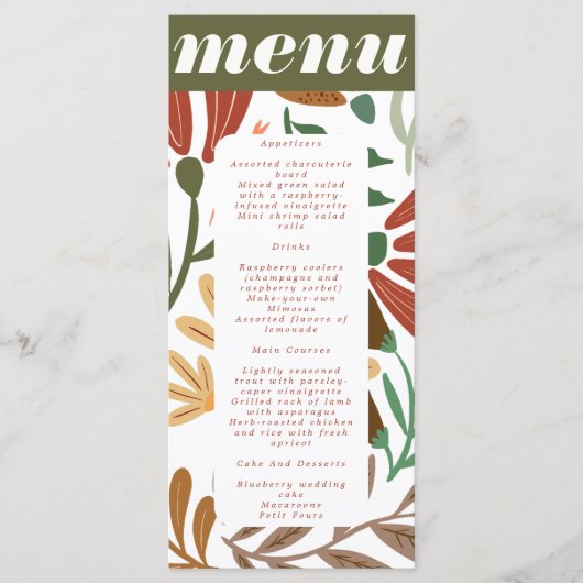 Bright Boho Terracotta Abstracte Floral Wedding Menu (Voorkant)