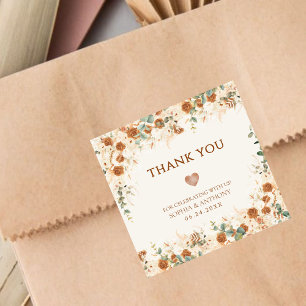 Bright Boho Terracotta Floral Wedding Dank u Vierkante Sticker