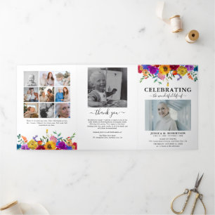 Bright & Bold Floral Funeral Memorial-programma Drieluik Uitnodiging