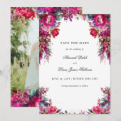 Bright Bold Magenta Bloemen & Foto Bruiloft Save The Date (Voorkant / Achterkant)