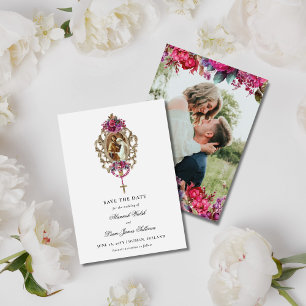 Bright Bold Magenta Bloemen & Foto Bruiloft Save The Date