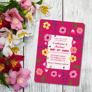 Bright & Bold Roze Kleurrijke Bloemen QR Code Brui Kaart