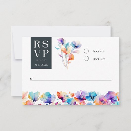 Bright Bold Waterverf Bloemen Bruiloft RSVP Kaart (Voorkant)