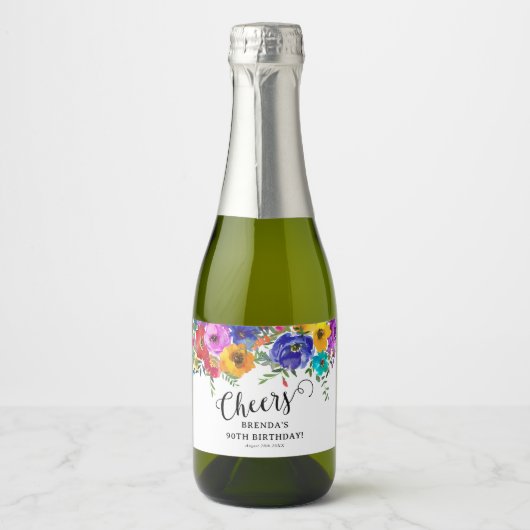 Bright & Bold Waterverf Bloemen Verjaardags Proost Sparkling Wijnetiket (Voorkant)