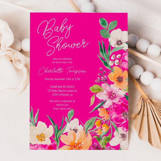 Bright bold wilde bloemen script baby shower kaart