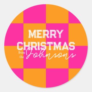 Bright Christmas Check Hot Pink Sinaasappel Ronde Sticker