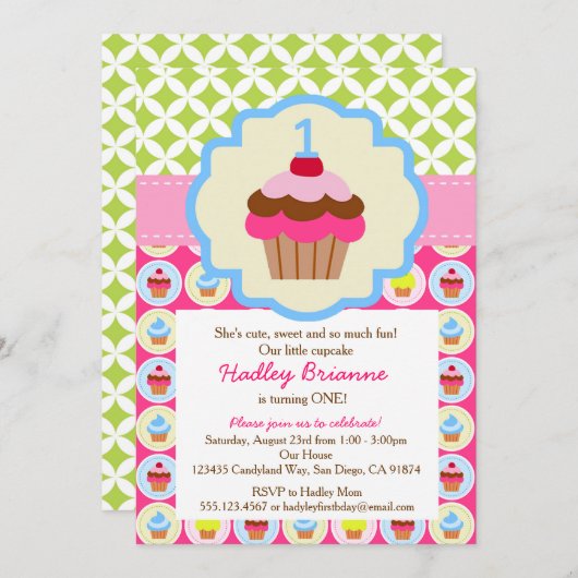 Bright Cupcake 1er anniversaire Invitation à la fê (Devant / Derrière)