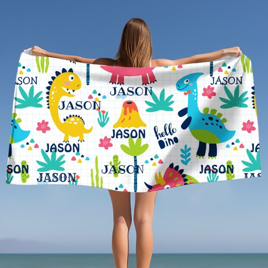 Bright dinosauruspatroon met aangepaste naam strandlaken