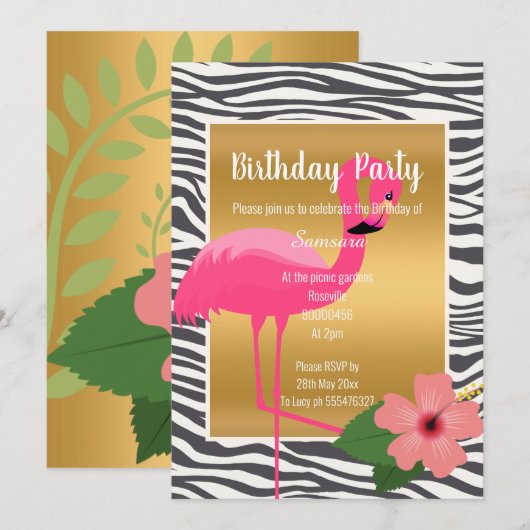 BRIGHT FLAMINGO HIBISCUS BLACK ZEBRA PATTERNED KAART (Voorkant / Achterkant)