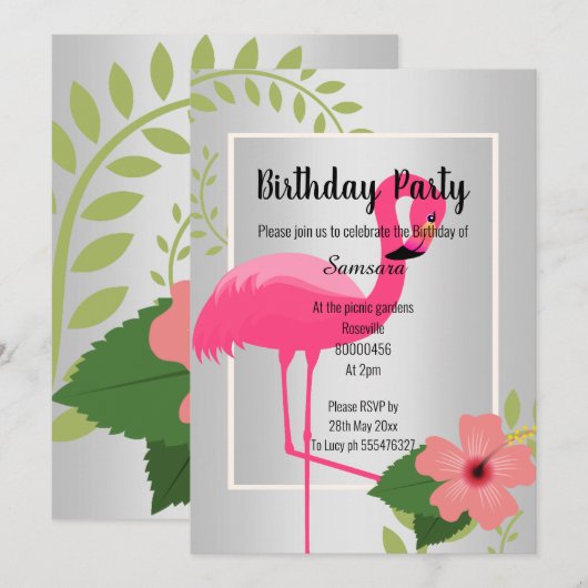 BRIGHT FLAMINGO HIBISCUS SILVER BIRTHDAY KAART (Voorkant / Achterkant)