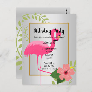 BRIGHT FLAMINGO HIBISCUS SILVER GOLD BIRTHDAY INV BRIEFKAART
