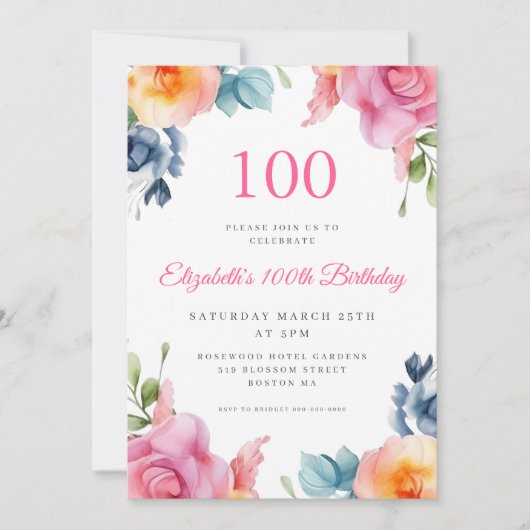 Bright Floral 100e anniversaire Invitation (Devant)